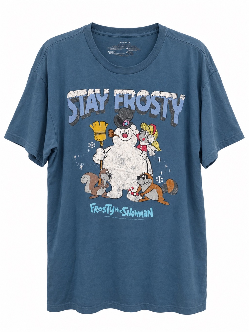 UNISEX Adult, Frosty The Snowman 'Stay Frosty' Distressed Graphic Tee - Blue XL